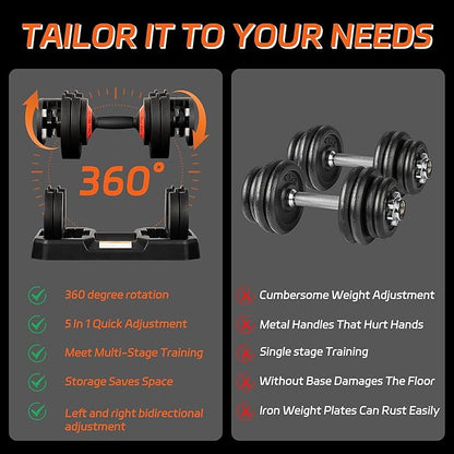 Adjustable Dumbbell, 55LB Dumbbell Set with Tray for Workout Strength Training Fitness, Adjustable Weight Dial Dumbbell with Anti-Slip Handle and Weight Plate for Home Exercise