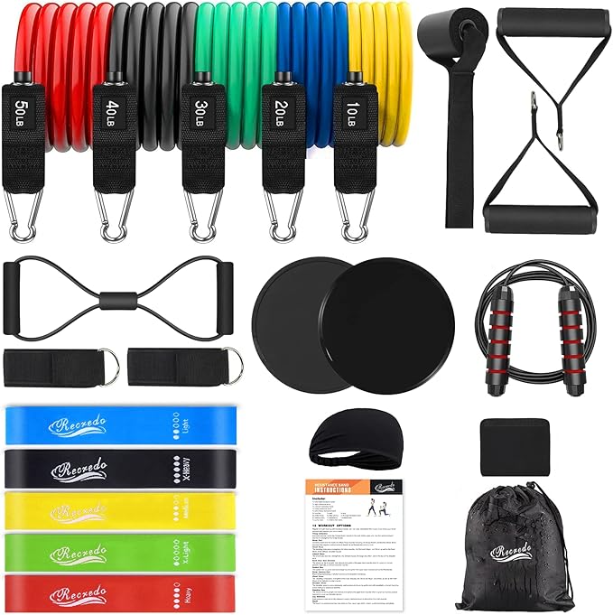 Resistance Bands Set 17pcs, Resistance Band, Exercise Bands Fitness Workout with Wide Handles, Door Anchor, Steel Clasp, Carry Bag, Ankle Straps for Home Gym Outdoor Travel (23PCS-Colour)