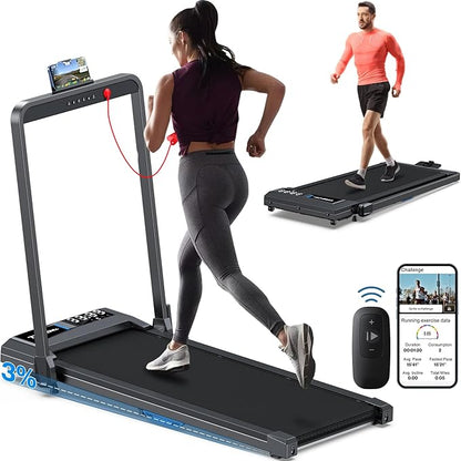 Walking Pad Under Desk Treadmill: 2 in 1 Folding Incline Treadmill for Home Office with Console Remote APP Control - 2.5HP Quiet Portable Foldable Walking Pad with 320lbs Capacity LED Screen