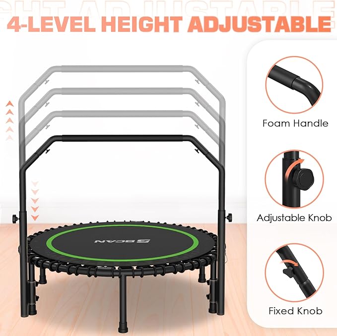 BCAN 40"/48" Foldable Mini Trampoline with Resistance Band, 450 LBS Fitness Trampoline with Bungees, U Shape Adjustable Foam Handle, Stable & Quiet Exercise Rebounder for Adults Indoor/Garden