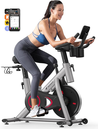 MERACH Exercise Bike, Brake Pad/Magnetic Stationary Bike with Exclusive App, Low Noise Indoor Cycling Bike with 270lbs Weight Capacity, Dumbbell Rack and Free Fitness Courses