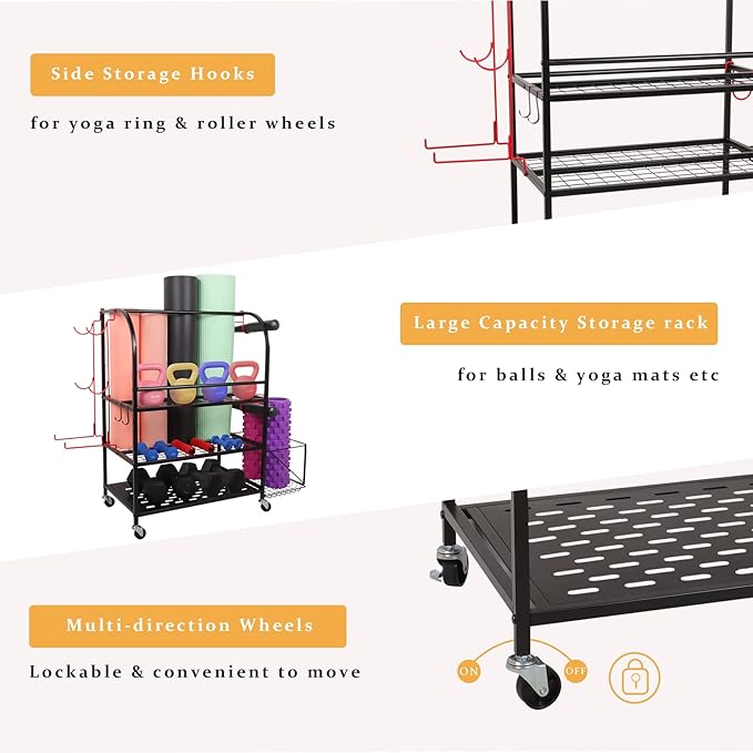 Weight Rack for Dumbbells, Yoga Mat Holder Dummbbells Rack for Kettlebells Foam Rollers and More Gym Accessories, Home Gym Equipment Storage Organizer with Wheels and Basket