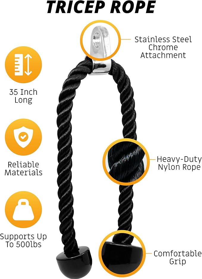 Tricep Rope Cable Attachment, 35" Rope Pull Down Attachment, Cable Attachments for Gym, Cable Handles Gym Equipment, Gym Rope Pull Down, Rope Attachment for Cable Machine, Gym Rope Pull Down