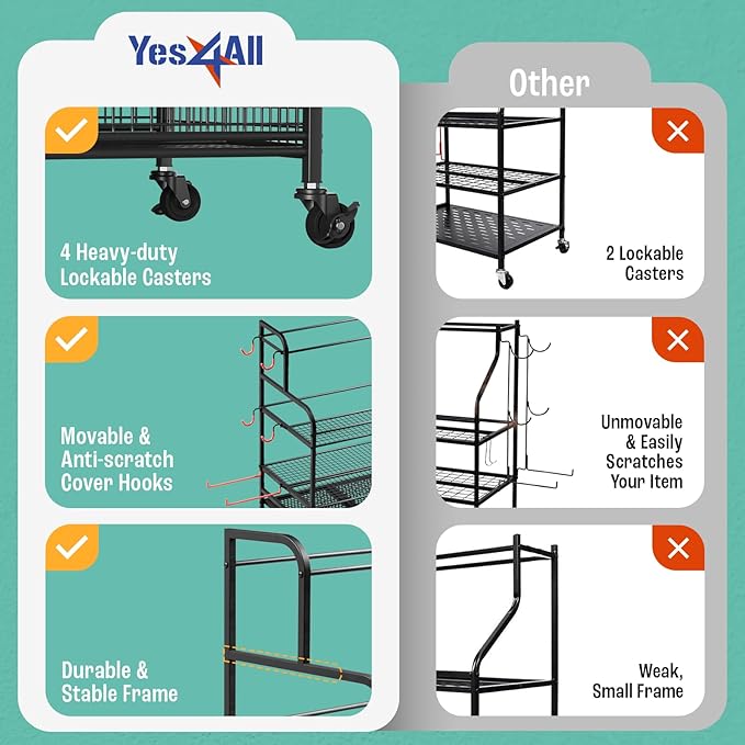 Yes4All All-in-1 Home Gym Storage Rack, Exercise Equipment Organizer - Yoga Mat, Foam Roller, Dumbbells Kettlebells and Weight Rack for Home Gym, Workout Organization Cart with Hooks and Casters