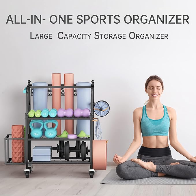 Y&M Yoga Mat Storage Racks, Home Gym Storage Rack for Organizing Kettlebells Dumbbells Foam Roller, All-in-One Workout Equipment Storage Organizer with Hooks and Wheels, Yoga Strap and Resistance Band