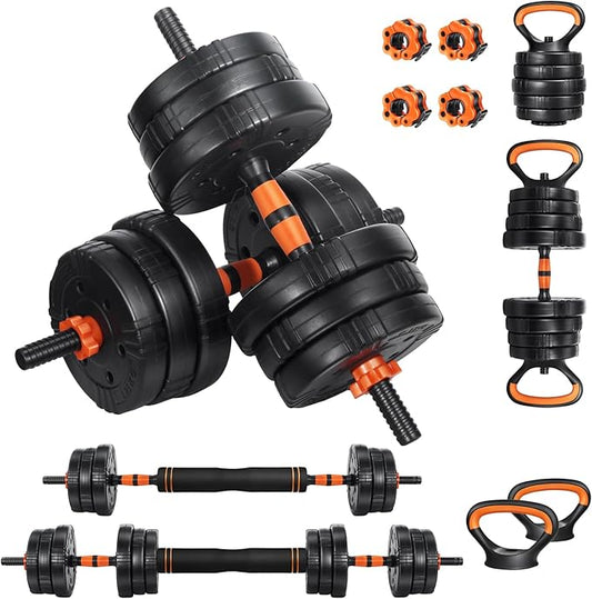 EDOSTORY Adjustable Dumbbell Set, 22/44/66/88lbs Free Weights Dumbbells for Home Gym, 4 in 1 Set, Barbell Set, Dumbbell Set, Kettlebell Set and Push-ups, Non-slip Handles, Fitness for Men Women