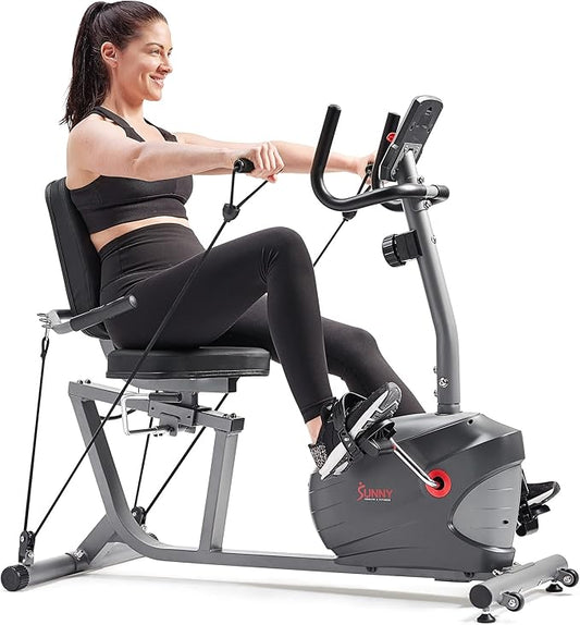 Sunny Health & Fitness Smart Magnetic Recumbent Exercise Bike with Optional SunnyFit App Bluetooth Connectivity, Full Body Workout, Large Ergonomic Seat, Bike for Adult & Seniors with Arm Exerciser