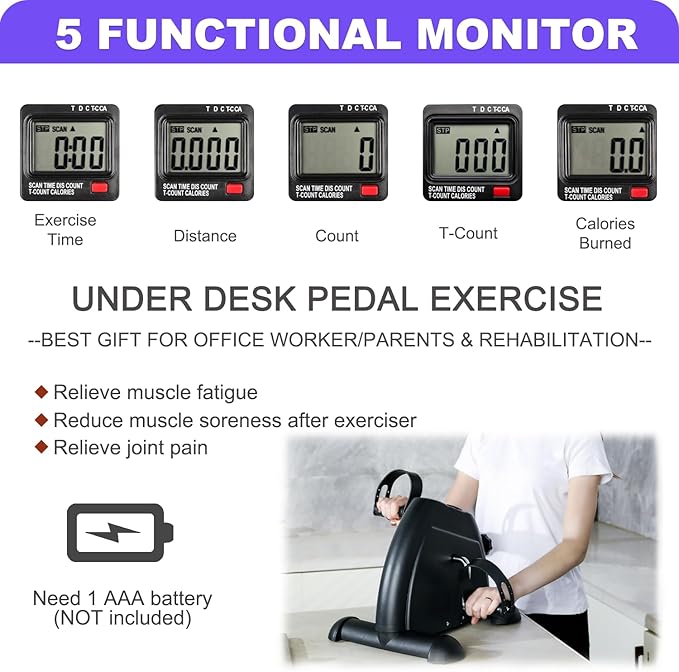 Under Desk Bike Pedal Exerciser，Mini Stationary Exercise Bike for Home, Exerciser Rehabilitation Peddler Machine with LCD Screen Displays