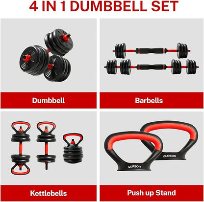 CURSOR FITNESS 4-IN-1 Adjustable Dumbbells Set, Work As Dumbbell/Barbell/Kettlebell/Push up Stand, Home Gym Weights Strength Training, 20LB Set, 50 LB Set