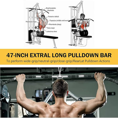 47In LAT Pull Down Bar Attachment, Deluxe Revolving Bar with Full Rotation and Rubber Handle for Gym, Strength Workout Accessories, Body Training, Muscle Building and Weight Loss