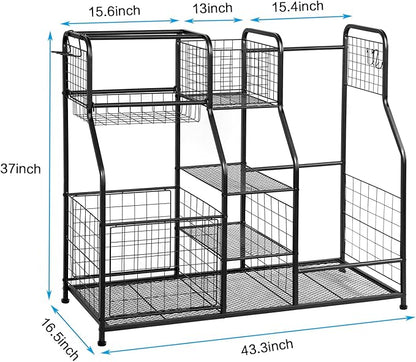 Golf Bag Storage Rack - Fits 2 Golf Bags, Garage Sports Equipment Organizer with Baskets, Garage Organizers and Storage with Hooks, Movable Ball Storage Cart with Wheel for Garage, Gym, Shed, Outdoor