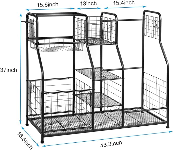 Golf Bag Storage Rack - Fits 2 Golf Bags, Garage Sports Equipment Organizer with Baskets, Garage Organizers and Storage with Hooks, Movable Ball Storage Cart with Wheel for Garage, Gym, Shed, Outdoor