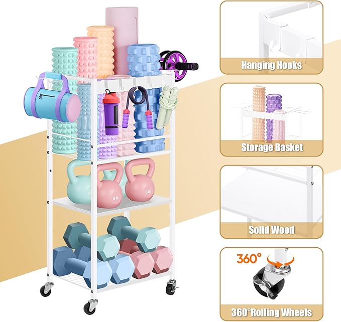 Home Gym Storage Rack, Yoga Mat Storage Racks, Workout Equipment Storage Organizer for Yoga Ball Dumbbell Kettlebells Foam Roller Resistance Bands, Exercise Shelf with Hooks and Wheels