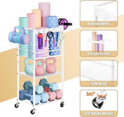 Home Gym Storage Rack, Yoga Mat Storage Racks, Workout Equipment Storage Organizer for Yoga Ball Dumbbell Kettlebells Foam Roller Resistance Bands, Exercise Shelf with Hooks and Wheels