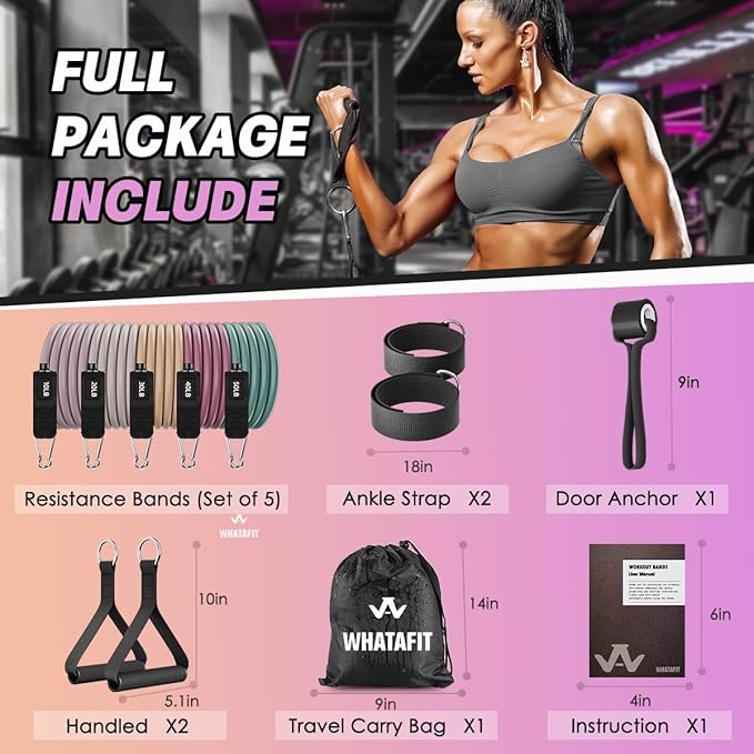 WHATAFIT Resistance Bands, Exercise Bands，Resistance Bands for Working Out, Work Out Bands with Handles for Men and Women Fitness, Strength Training Home Gym Equipment