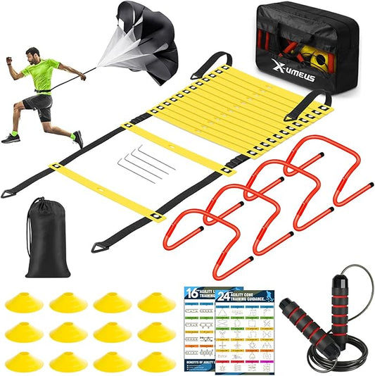 Agility Ladder Speed Training Equipment Set-20ft Agility Ladder,12 Soccer Cones,4 Hurdles, Jump Rope, Running Parachute| Basketball Football Soccer Training Equipment for Kids Youth Adults