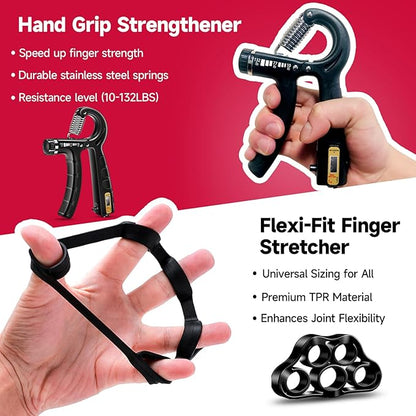 FitBeast Hand Grip Strengthener Workout Kit (5 Pack), 2 Forearm Grip Adjustable Resistance Hand Gripper, Finger Stretcher, Grip Ring & Stress Relief Grip Ball for Athletes