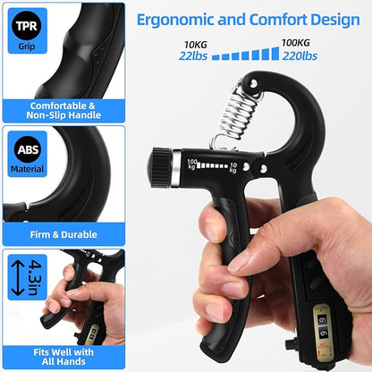 2PCS Grip Strength Trainer with 22-220Lbs (10-100kg) Adjustable Resistance, Hand Gripper, Forearm Strengthener, Finger Exerciser for Muscle Building and Injury Recovery