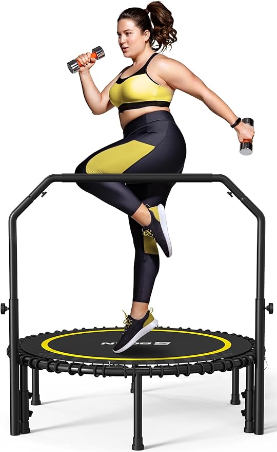 BCAN 450/550 LBS Foldable Mini Trampoline, 40"/48" Fitness Trampoline with Bungees, U Shape Adjustable Foam Handle, Stable & Quiet Exercise Rebounder for Adults Indoor/Outdoor Workout