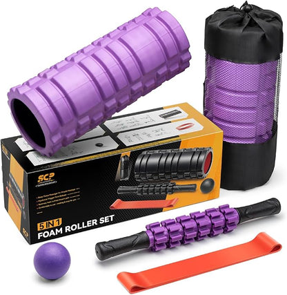 SUBCULTUREPICK5 in 1 Foam Roller Set for Deep Tissue Muscle Massage, Trigger Point Fitness Patented Exercise Foam Roller, Massage Roller, Massage Ball, Stretching Strap, for Whole Body (Purple)