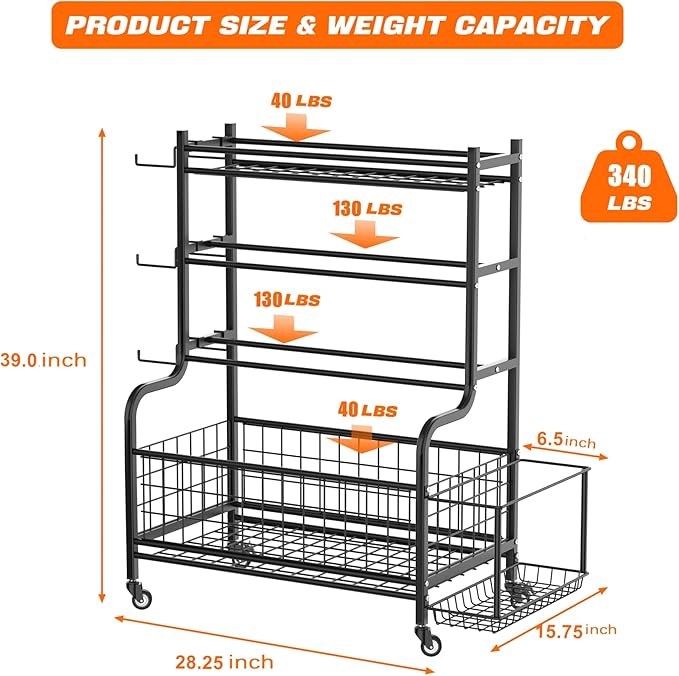 Yoga Mat Storage Rack, Home Gym Storage Rack for Dumbbells, Kettlebells, Foam Roller, Yoga Strap and Resistance Bands, Exercise Equipment Storage Organizer With Wheels