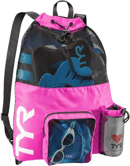 TYR Big Mesh Mummy Backpack For Wet Swimming, Gym, and Workout Gear , Pink