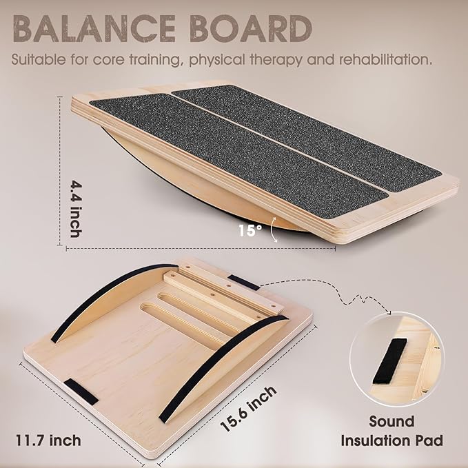 2-in-1 Professional Wooden Balance Board & Slant Board, Four Adjustable Incline Board and Calf Stretcher, Stretch Board for Knees Ankle Heel Feet Leg