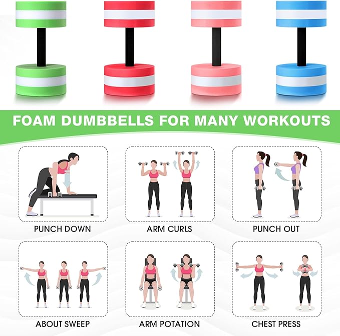 Junkin Set of 4 Water Dumbbells for Water Aerobics Water Dumbbells Foam Light Water Sports Dumbbells for Gym Barbell Workout Handles