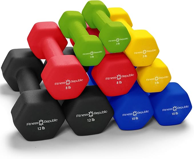 Neoprene Workout Dumbbell Set - Non Slip, Anti Roll Exercise & Fitness Dumbbells Combo - Hex Shaped Hand weights for Men & Women - Ideal for Home Gyms training