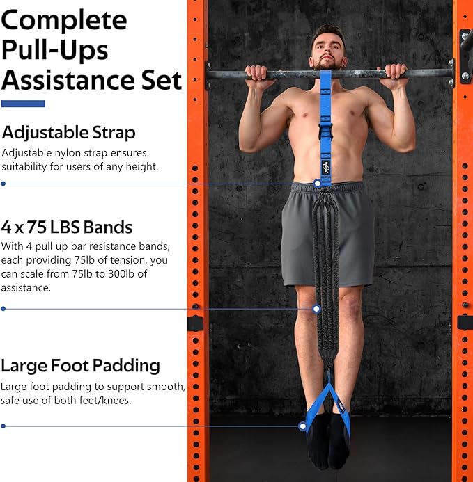 Pull Up Assistance Bands, Heavy Duty Assisted Pull Up Bands for Pull Up Assist, Adjustable Weight/Size with Fabric Feet Mats, Upgrade Pull Up Assist Bands for Strength Training