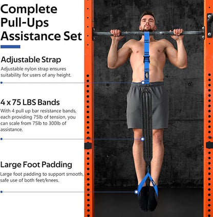 Pull Up Assistance Bands, Heavy Duty Assisted Pull Up Bands for Pull Up Assist, Adjustable Weight/Size with Fabric Feet Mats, Upgrade Pull Up Assist Bands for Strength Training