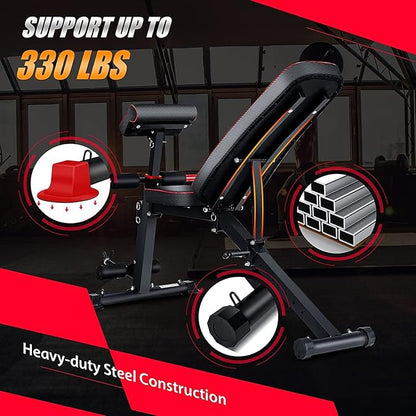 Adjustable Weight Bench, Multi-function Preacher Curl Bench for Home Gym, Foldable Leg Extension and Leg Curl Machine, weight capacity 660LBS.