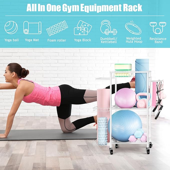 LIANTRAL Dumbbell Rack, Yoga Mat Storage Rack, Workout Equipment Storage Rack for Dumbbells Kettlebells Yoga Mat and Balls, Home Gym Storage Organizer with Hooks and Wheels