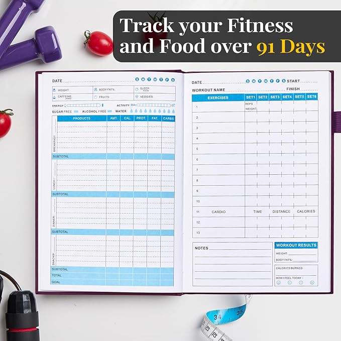 Weight Loss Journal for Women, 90 Days Food and Fitness Planner, Calories Counter Book to Track Meal and Exercise, Weightlifting Journal Home Gym Accessories Gift-Purple