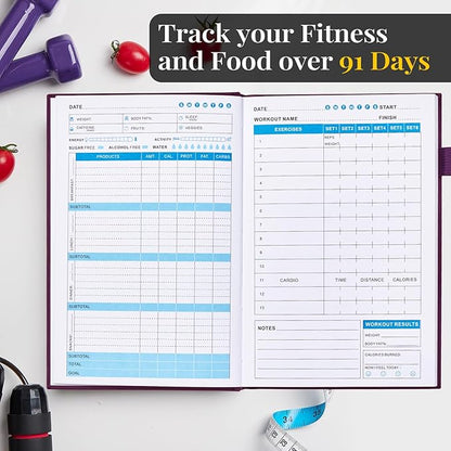 Weight Loss Journal for Women, 90 Days Food and Fitness Planner, Calories Counter Book to Track Meal and Exercise, Weightlifting Journal Home Gym Accessories Gift-Purple