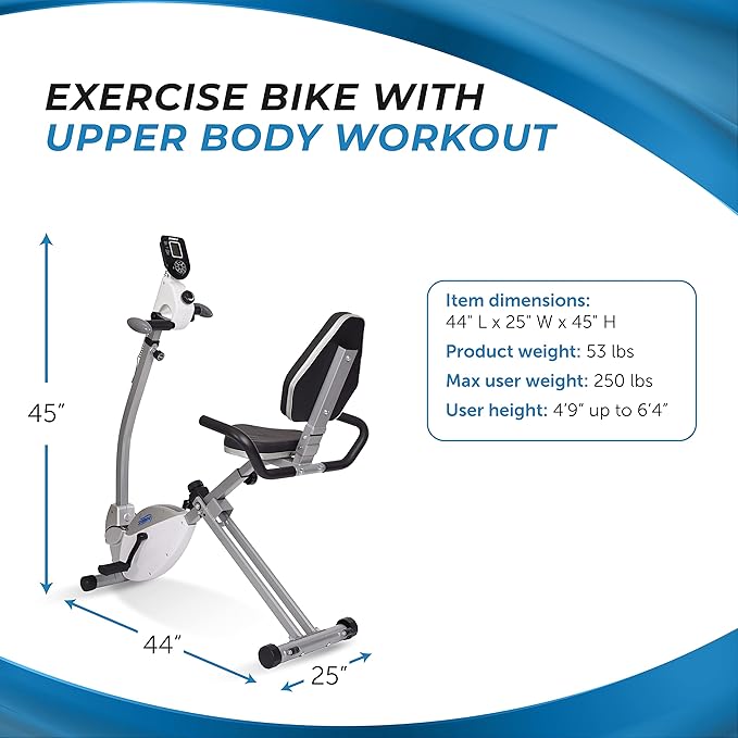 Stamina Recumbent Exercise Bike with Arm Workout - Fitness Bike with Smart Workout App - Recumbent Exercise Bike for Home Workout - Up to 250 lbs Weight Capacity