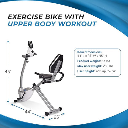 Stamina Recumbent Exercise Bike with Arm Workout - Fitness Bike with Smart Workout App - Recumbent Exercise Bike for Home Workout - Up to 250 lbs Weight Capacity