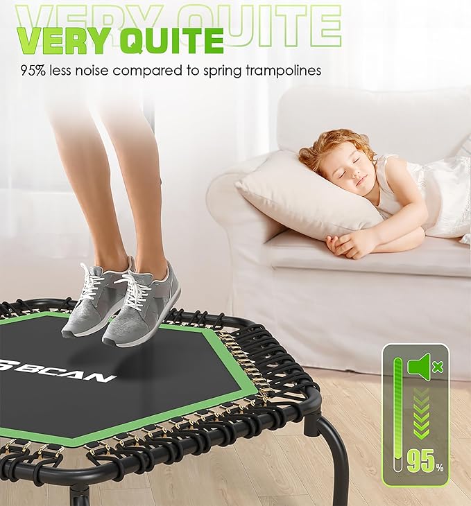 BCAN 48"/51" Mini Trampoline, 450/550 LBS Fitness Trampoline with T-Adjustable Handle Bar, Bungees, Stable & Quiet Exercise Rebounder for Adults Indoor/Garden Workout-Green