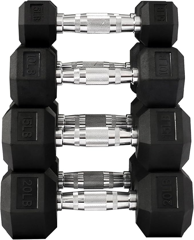 Signature Fitness Premium Rubber Coated Hex Dumbbell Weight Set, Multiple Packages