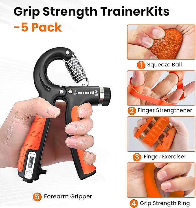 Grip Strength Trainer Kit,Finger Strengthener,Hand Grip Strengthener,Hand Extension Exerciser,Stress Relief Ball and Forearm Workout Ring for Muscle Building and Injury Recovery for Athletes