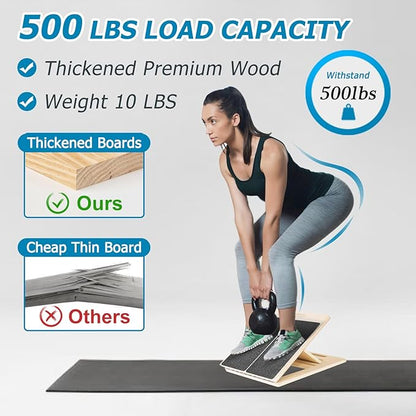 Portable Slant Board Foldable Wooden Calf Stretcher Slant Board for Squats 500 Lbs Weight Capacity, Comes with Resistance Bands & Massage Ball, Adjustable Incline Board for Knees Ankle Heel Feet Leg