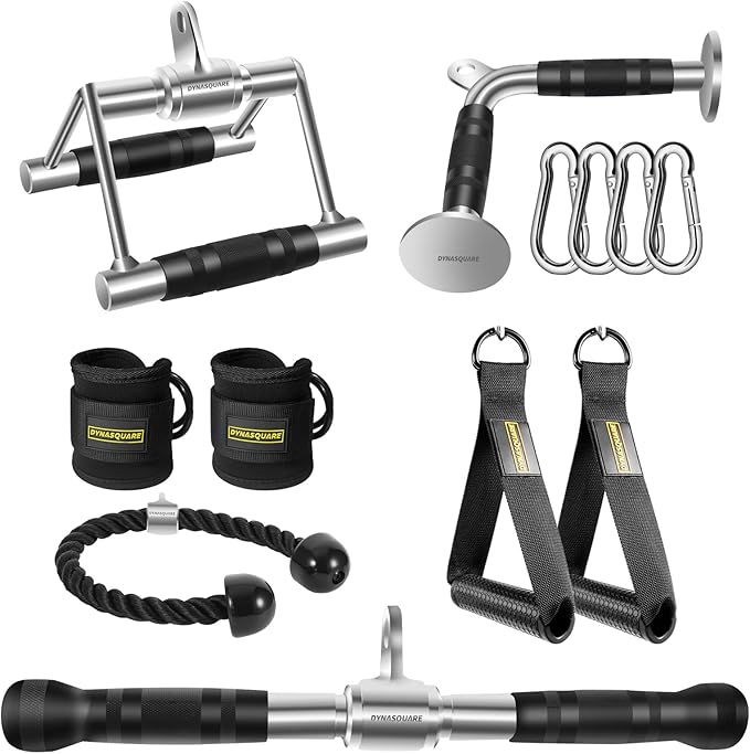 Cable Machine Attachments Combo, Heavy Duty Solid Steel LAT Pulldown Attachments with Exercise Handles & Ankle Straps, Home Gym Machine Accessories