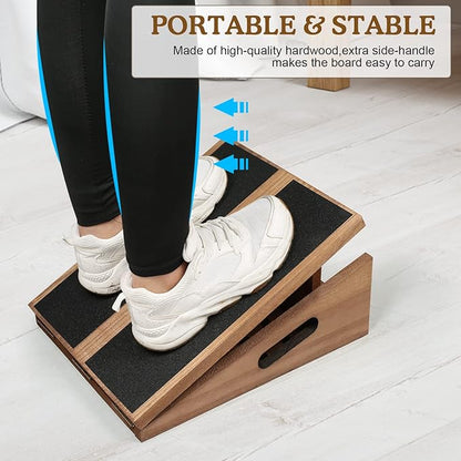 Professional Slant Board Calf Stretcher: Adjustable Incline Stretch Squat Wedge, Posture Board Wooden Physical Therapy Equipment, Non Slip Achilles Stretcher with Extra Side Handle - Brown