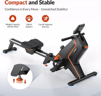 Magnetic Rowing Machines for Home, Compact and Saves Space - Vertical/Folding Storage, 350 LB Weight Capacity with Bluetooth App Supported, Tablet Holder and Comfortable Seat Cushion