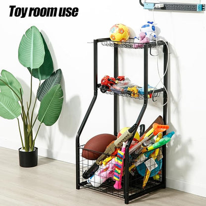 YueTong Sports Equipment Organizer for Garage Organization,Ball Storage With Basketball Holder and Ball Cart Rack,Outdoor Toy Storage with Bin for Nerf Gun,Football,Volleyball Stuf,Gym Accessories