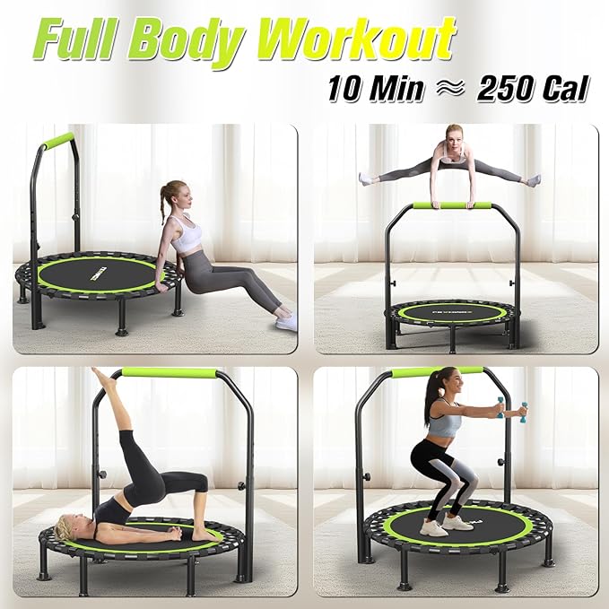 Foldable Mini Trampoline, 40"/48" Rebounder Trampoline for Adults & Kids, 450lbs Capacity with U-Shaped Adjustable Bar, Indoor Fitness Workout Exercise Equipment