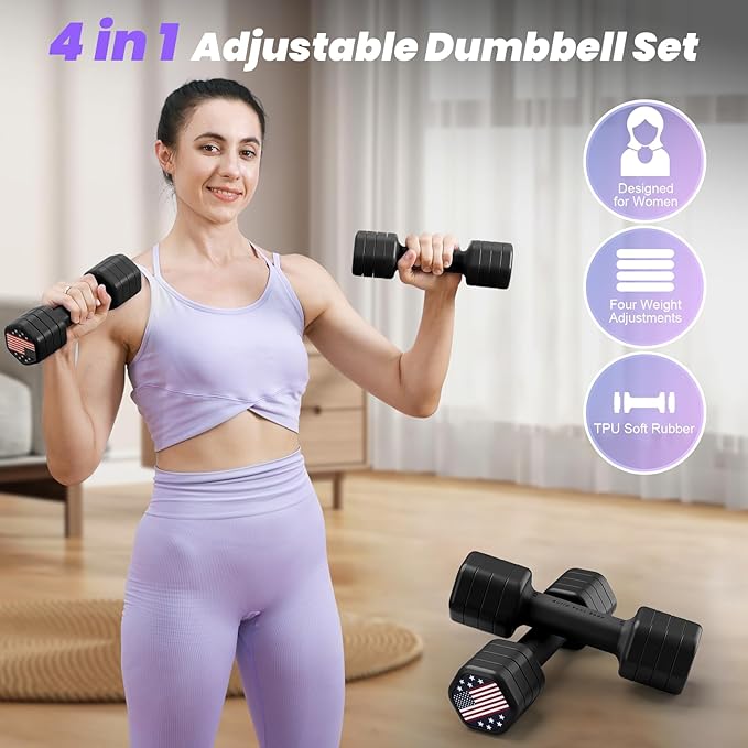 Adjustable Dumbbell Set of 2, 4 in 1 Hand Weights for Women at Home, 5 lb Weights Dumbbells Set of 2, Each 2lb 3lb 4lb 5lb with TPU Soft Rubber Handle for Home Gym Exercise Training, Black