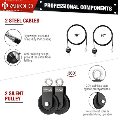 Mikolo Upgraded Weight Cable Pulley System Gym, LAT and Lift Pulley System, Cable Pulley Attachments with Adjustable Length Cable for Full Body Training, Home Gym Pulley System Set, 2023 Version