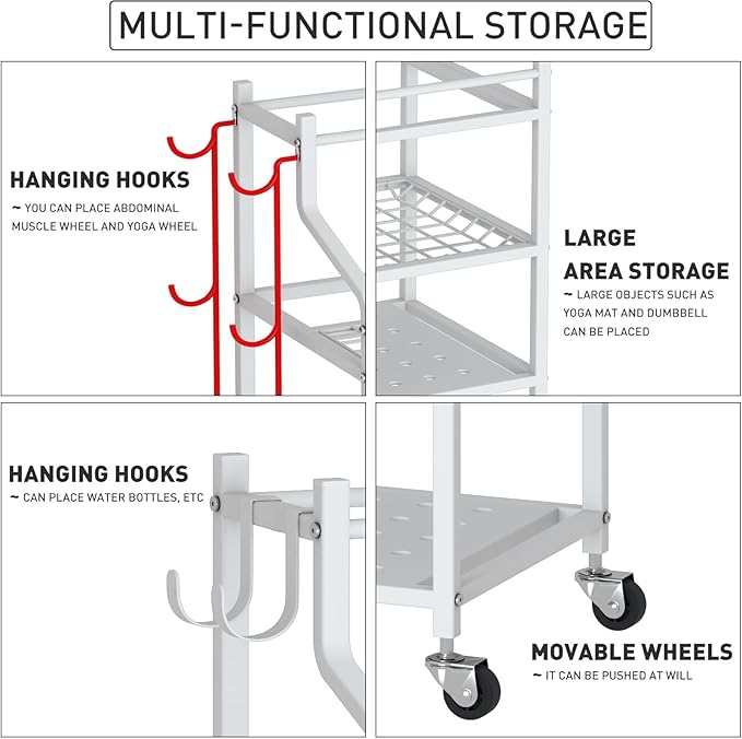 VILAWLENCE Yoga Mat Storage Rack Cart,Home Gym Multifunctional Removable Rack for Dumbbells Kettlebells Rope,Large Capacity Organizer Storage Cart for Home Exercise Equipment