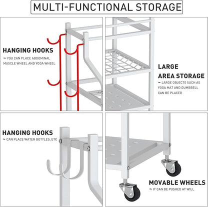 VILAWLENCE Yoga Mat Storage Rack Cart,Home Gym Multifunctional Removable Rack for Dumbbells Kettlebells Rope,Large Capacity Organizer Storage Cart for Home Exercise Equipment